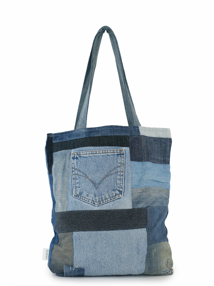 Reversible Patchwork Denim Tote Bag With a Pocket-denim Purse 